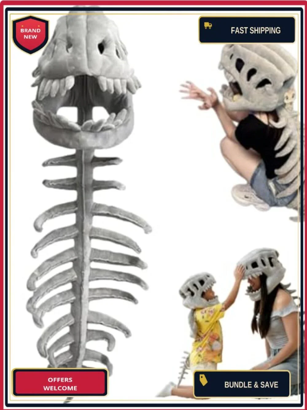 Dinosaur Skeleton Costume 3D Spinosaurus Skull Mask Plush Tail